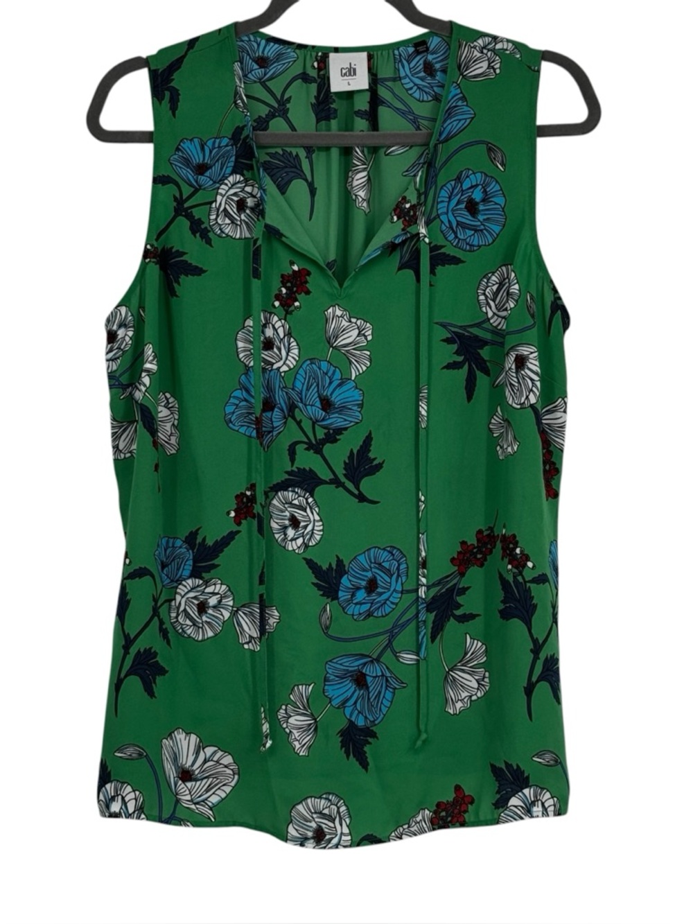 Women’s CAbi Large Green Floral Polyester “Primrose” Sleeveless Blouse Tie 3785